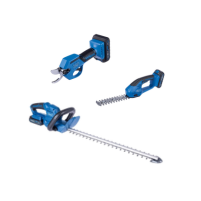 Akku Heckenschere von Scheppach mit zwei Akkus und Ladegerät. Kompakt und handlich für präzises Schneiden.